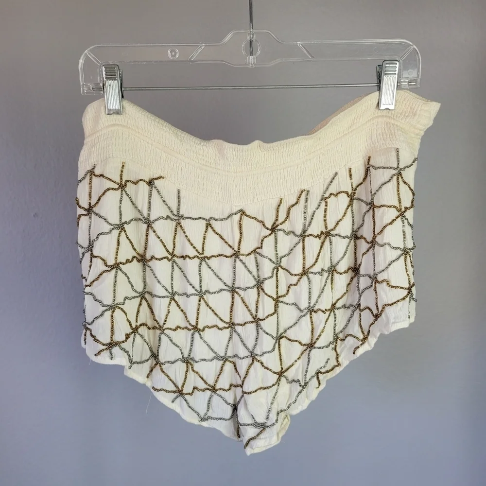 AMUSE SOCIETY // flowy relaxed elastic tie waist silver & bronze beaded Shorts - Picture 3 of 6